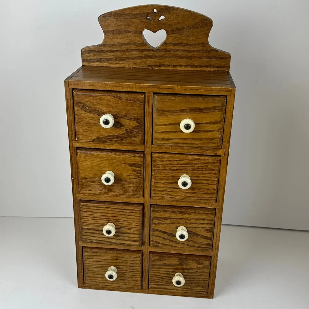 Vtg Yield House Wood Apothecary Spice Cabinet 8 Drawer Heart Cottage Farmhouse